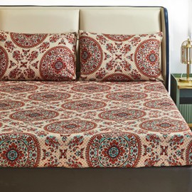 Tache Bohemian Mandala Fitted Sheet + Pillowcases - Retro Vintage Rustic Boho Chic Medallion Paisley Boteh 15-inch Deep Pocket Bed Sheet, 3 Piece Set, Cal King