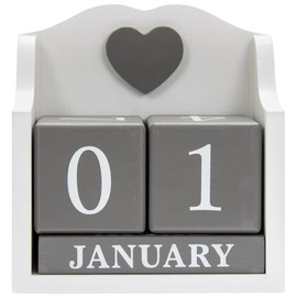 Desktop Perpetual Calendar, White Holder With Contrasting Grey Date/Month Blocks and Heart Detail
