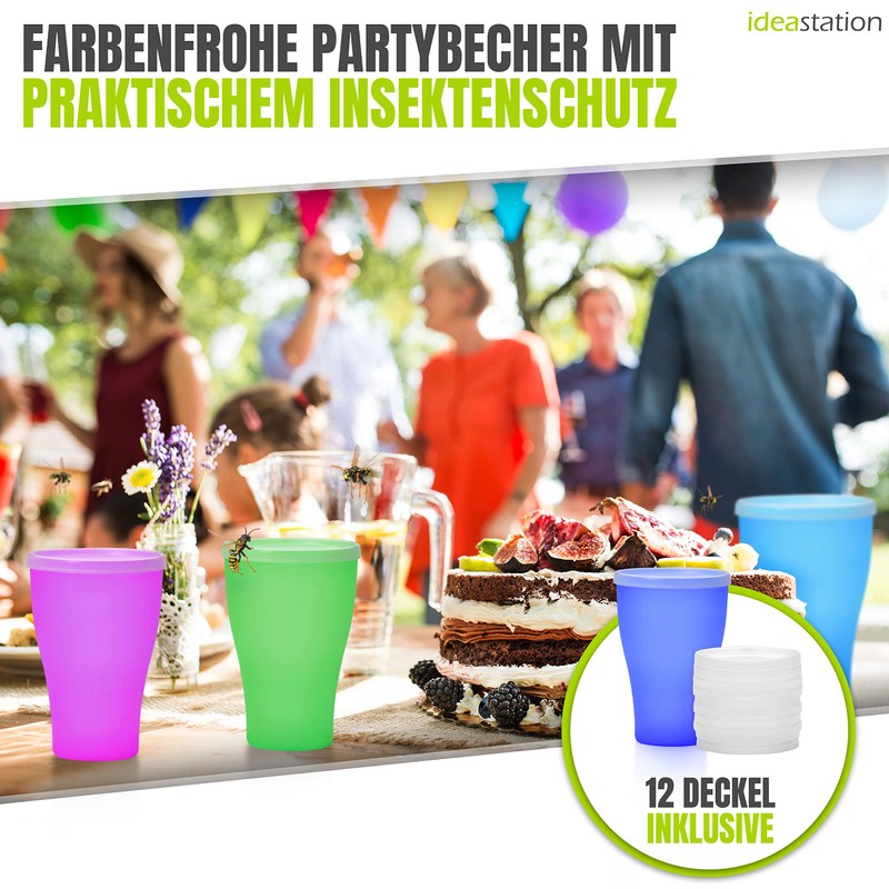 Idea-station NEO Plastic Cups Pack of 12, 450ml Colourful Reusable