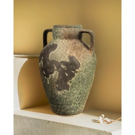 Wabi sabi Green Vintage Rustic Home Decor Vase, Handmade Ceramic Large Vase with Unique Reactive Glaze One-of-a-Kind, Suitable for Living Room, Centerpiece Table, Entrance Table, Mantelpiece