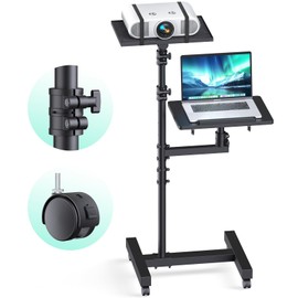 Projector Stand Tripod: 2 Shelves Mobile Laptop Cart Adjustable Height 45 to 64 Inches, Rolling Laptop Stand Cart with Ventilated Tray, Projector Tripod Stand on Wheels for Couch, Bedside, Meeting