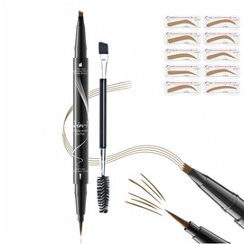 Waterproof Dual-Ended Brow Pencil with 4-Prong Comb & Microblade Tip - Ultra-Fine Hair-Like Strokes, Smudge/Sweat Proof Formula(Includes Eyebrow Stencils & Brush) (Light Brown)