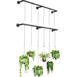 SOFITORG Plant Hanger Indoor, 2 Pack Hanging Planters Rod for Indoor Plants with 12 Hanging Chains, Wall Plant Hanging Rod for Window Ceiling, 65.7 Inch, Metal/Black, Pots Not Included…
