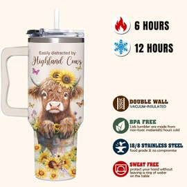 Highland Cow Gifts For Women, Teen Girls, and Her - Cute Highland Cow Mothers Day, Birthday, Christmas, Valentines, Cowgirls Gifts for Women - Tumbler 40oz with Handle, Lid and Straw with Cow Print