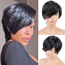 Huarisi Short Black Bob Wig with Bangs Side Part 1B Chic Elegent Pixie Cut Wigs for Women Wavy Human Hair Glueless Natural Side-Swept Fringe Layered None Lace Remy Real Hair