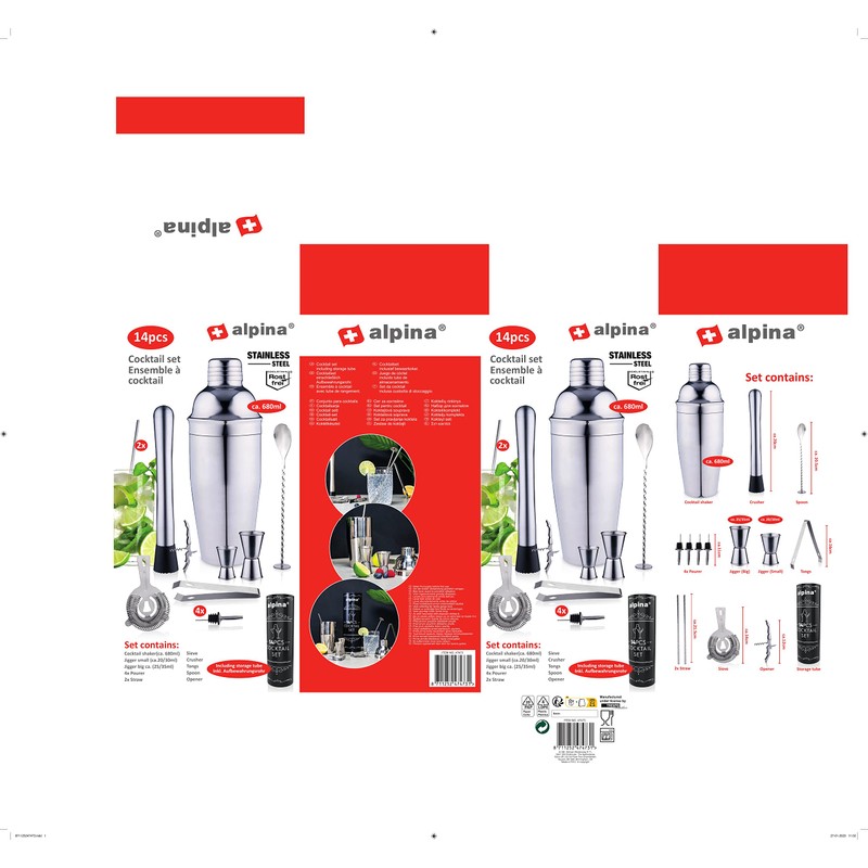 alpina Cocktail Set Complete – 14 Pieces – Cocktail Shaker/Stamper/Jigger/Etc