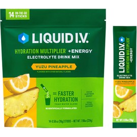 Liquid I.V. NEW Yuzu Pineapple Energy Multiplier | Energy Powder Drink Sticks | Proprietary Energy Blend | Natural Caffeine | Easy Open Single-Serving Stick | Non-GMO | Yuzu Pineapple - 14 Sticks