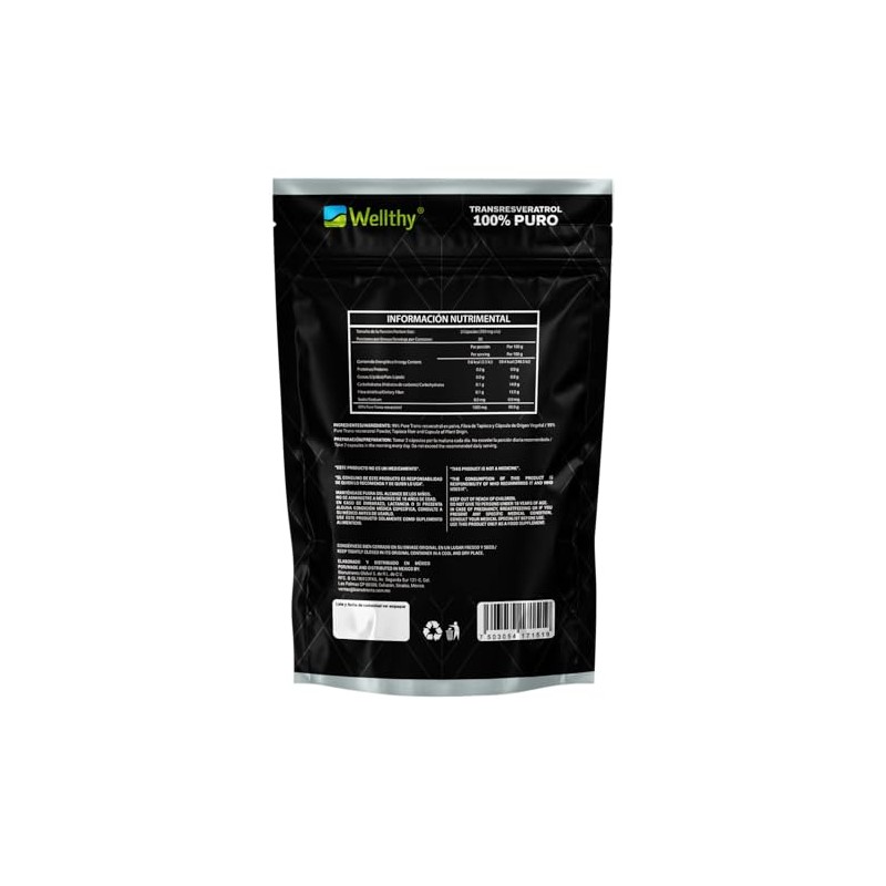 Wellthy Transresveratrol Puro 60 Cápsulas. Resveratrol de alta biodisponibilidad, 1000mg