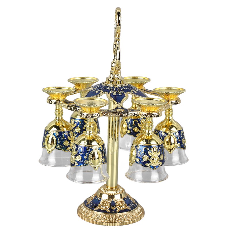 6Pcs Chinese Chalice Retro Style Zinc Alloy Glass Embossed Flower