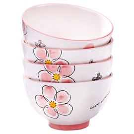 Japanese Rice Bowls Ceramic Asian Small Bowls 4.5 Inch Red Plum Sushi Bowls Set of 4