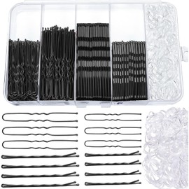 300pcs Bobby Pins Set, 100 Hair Grips 100 U Shaped Pins 100 HairBands for Women, HairPins for Buns, Black Hair Styling Accessories with Storage Box