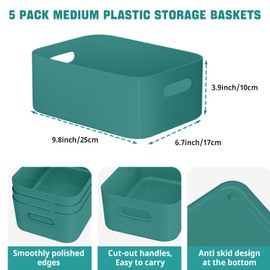 W&H 5 PCS Plastic Storage Boxes with Handle, Medium Plastic Storage Baskets, Rectangular Home & Kitchen Organiser, Storage Boxes for Bathroom, Kitchen, Office and School - 25×17×10cm (Green)