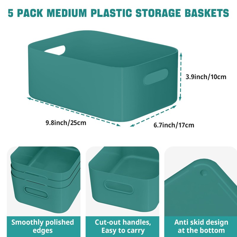 W&H 5 PCS Plastic Storage Boxes with Handle, Medium Plastic