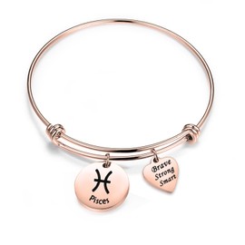 bobauna Rose Gold 12 Zodiac Signs Stainless Steel Expandable Wire Bangle Bracelet Birthday Gift for Her (Pisces)