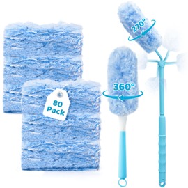 GQIRIL 360° Dusters Refills for Cleaning - 80 Count Disposable Feather Duster Kit with 2 Handles, Multi-Surface Microfiber Feather Dusting Cleaner for Furniture Blinds Windows Ceiling Fans (Blue)