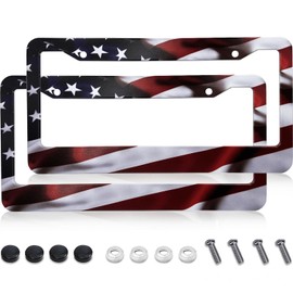American Flag License Plate Frames - AIRXWILLS 2 Packs Universal Narrow Aluminum License Plate, Gloss Patriotic License Plate Cover for Car for Men with Free Screws Fasteners Caps.