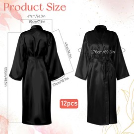 12 Set Long Satin Robes for Women Full Length Sleepwear Silky Bath Robe Soft Kimono Dressing Gown for Wedding Birthday Bachelorette Party Bridemaids - Black