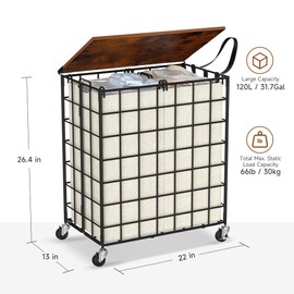 DXIGUSO Laundry Basket with Wheels, Heavy Duty Laundry Sorter 2 Sections, Large Capacity Laundry Hamper with Wood Lid, 360 Rolling Wheels, Extra Side Pocket, Leather Pull Handle (Beige)