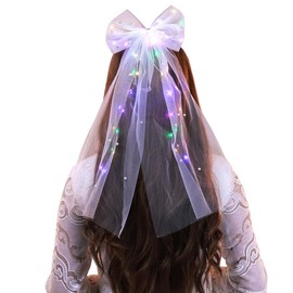 Foyte Bow Wedding Bride Veil LED Bachelorette Veils Light Up Pearl Bridal Veil Hair Bows Tulle for Women(White)