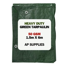 Green Tarpaulin Cover - 50gsm Thick - Waterproof, Weatherproof, Frost-Resistant, UV Protection, Universal, Multipurpose, Groundsheet, Camping, Boating, Hiking, Light Duty Sheet (1.5m x 6m)