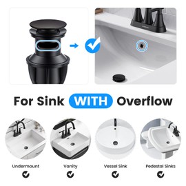 Bathroom Sink Drain with Overflow, Universal Bathroom Sink Stopper for Bathroom Vanity Vessel Sink, Rapid Draining Plastic Pop-up Sink Drain with Hair Catcher Anti-Clog Strainer, 2 Pack, Matte Black