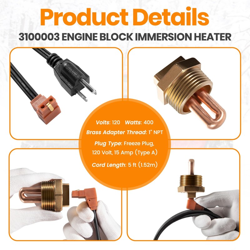 3100003 Engine Block Immersion Heater for Eagle, Jaguar, Jeep, Renault,