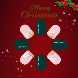 Christmas Snowflake Press-on Nails Short Square Winter Full Cover Green False Nails With Gold Glitter Acrylic Designs for Women Girls 24Pcs