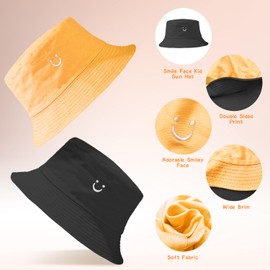 SUBTAVIK Kids Sun Hat - Reversible Smile Face Bucket Hat for Boys and Girls (Yellow/Black), Ages 2-8