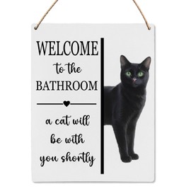 UYIKG Funny Black Cat Bathroom Wall Decor Sign,Welcome To The Bathroom a Cat Will Be With You Shortly Wood Hanging Sign 8x10 inches