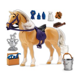 Palomino Horse with Moveable Head, Realistic Sound and 14 Grooming Accessories - Blue Ribbon Champions Deluxe Toy Horses