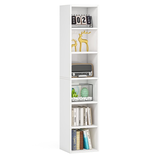 LITTLE TREE 70.9 Inch Tall Narrow Bookcase, Corner Bookshelf 6 Tier Cube Display Shelf Storage Organizer for Small Space