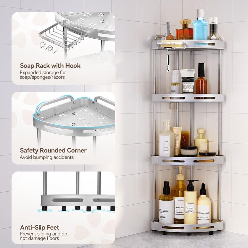 Binecer Corner Shower Caddy, 4 Tier Standing Shower Organizer with