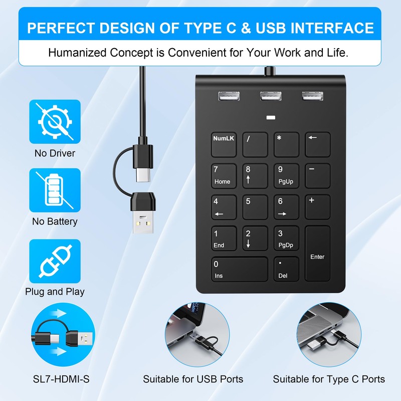 Suejezt 18 Key Wired Numeric Keypad with 3 Port USB