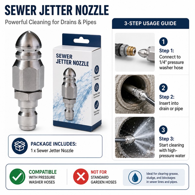Sewer Jetter Nozzle for Pressure Washer Use – 1/4" Stainless