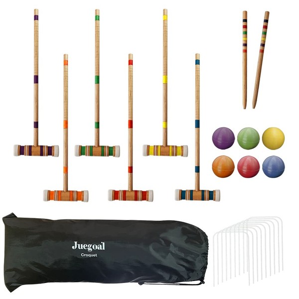 Juegoal Six Player Croquet Set with Wooden Mallets Colored Balls for Lawn, Backyard and Park, 28 Inch