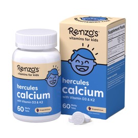 Renzo's Hercules Calcium Supplement with Vitamin D3 and K2, Dissolvable, for Ages 2+, Kids Vitamins, 60 Grape-Flavored Melty Tabs