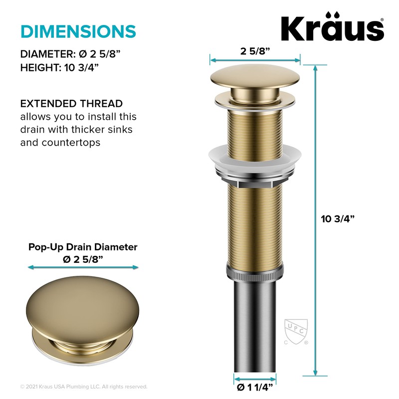 KRAUS Bathroom Sink Pop-Up Drain Assembly in Brushed Gold for