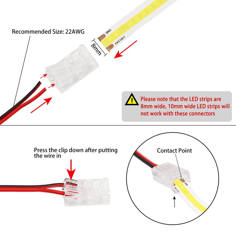 PAUTIX 8pcs 2-Pin 8mm COB LED Strip to Wire Connector