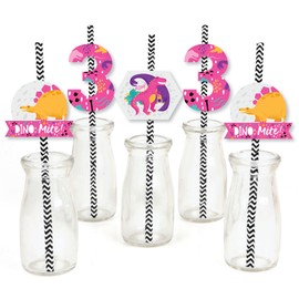 Big Dot of Happiness 3rd Birthday Roar Dinosaur Girl - Paper Straw Decor - Three Rex Dino Third Birthday Party Striped Decorative Straws - Set of 24