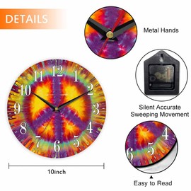 Mxocom Tie Dye Peace Sign Wall Clock Abstract Colorful Vibrant Hipple Symbol 10 Inch Silent Non Ticking Battery Operated Clock Vintage Round Clock for Living Room Bedroom Bathroom Office Decor