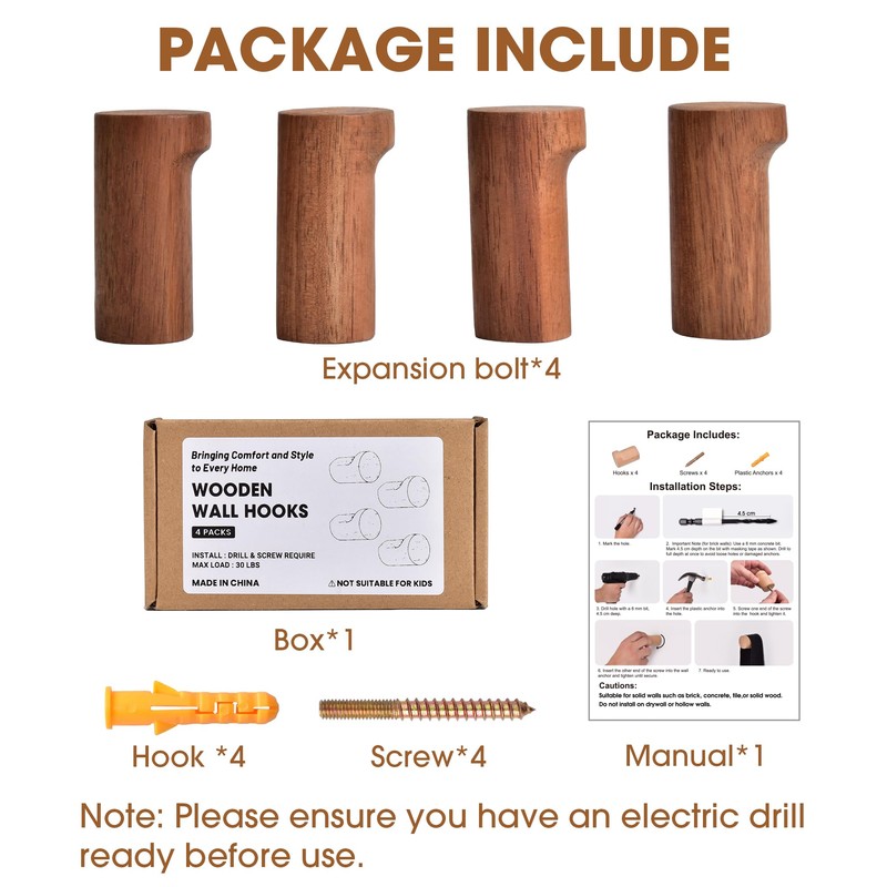 CHAUNCEY HOME Acacia Wood Wall Hooks, 4 Pack Heavy Duty