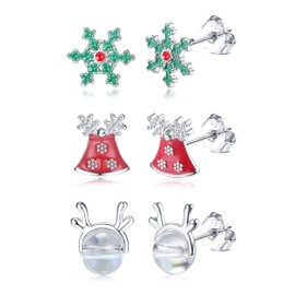 JeryWe 3 Pairs 925 Sterling Silver Christmas Stud Earrings for Women Hypoallergenic Snowman Santa Earrings Claus Christmas Tree CZ Snowflake Cartilage Stud Earrings Christmas Thanksgiving Jewelry
