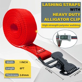 MELOTOUGH 4Pk 1" x 6ft Lashing Strap with Alligator Thumb Buckle Cargo Secure Webbing Up to 450lbs,Ladder Straps,Tie Down Straps,Utility Straps with Clips,Red