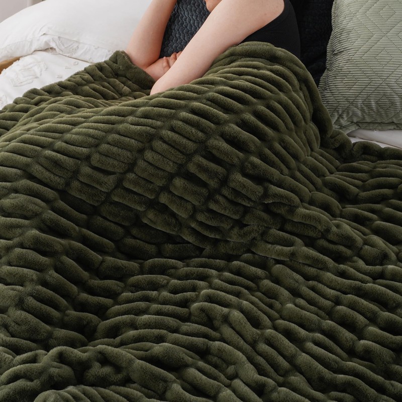BATTILO HOME Olive Green Faux Fur Throw Blanket for Bed,