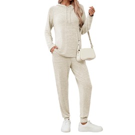 Famulily Lounge Wear Set for Women UK 2 Piece Fall Winter Outfits Long Sleeve Loose Track Suit with Drawstring Beige XXL