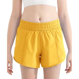 DOCUMO Girl's Athletic Shorts with Liner Zipper Pockets Quick Dry Running Shorts Sports Lightweight Active Shorts for Teen Girls (Yellow, Large)