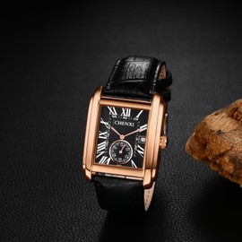 Lancardo Retro Men Square Watch Quartz Calendar Leather Watch Independent Second Dial Dress Wrist Watch for Men Black Blue Brown