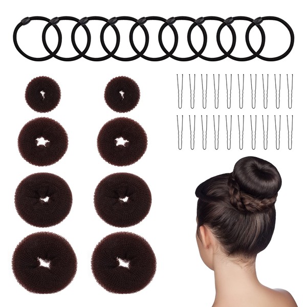 MXTIMWAN Doughnut Hair Bun Maker Set 9 Pieces - Hairstyle Aid Set with 10 Elastic Hair Bands, 20 U-Shape Hair Clip Hairpin, Hair Bun Shaper Set for Children Girls Women - Brown