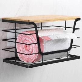 ALOCEO Extra Large Trash Bag Holder Dispenser With Bamboo Top, Wall Mounted Garbage Bag Dispenser Roll Holder for Kitchen Laundry Room Organization