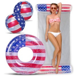 POZA Inflatable USA Pool Floats - Luxurious Swim Floats Filled with Sparkling Silver Confetti Stars, Adults and Kids Swimming Pool Floats, Cool American Flag Floats for Pool, Beach, and Lake - 3 Packs